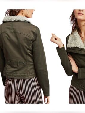 Anthropologie By Marrakech Utility  Green Cream Removable Sherpa Collar Jacket
